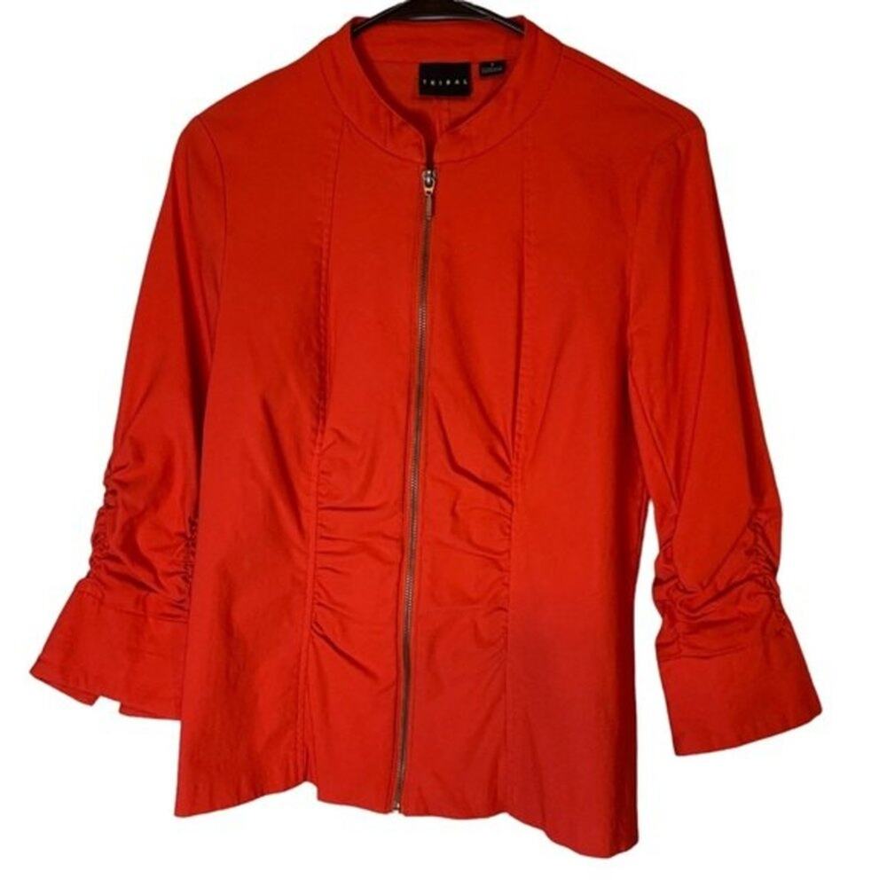 Tribal Orange/Red Zip Front Jacket with Ruched Sleeves. Size 8.